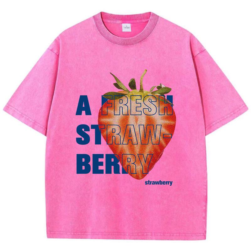 Casual Womans Acid Wash T-Shirts A Fresh Strawberey Printing Tops Distressed Oversize Cotton Tee Shirts Trend Clothes
