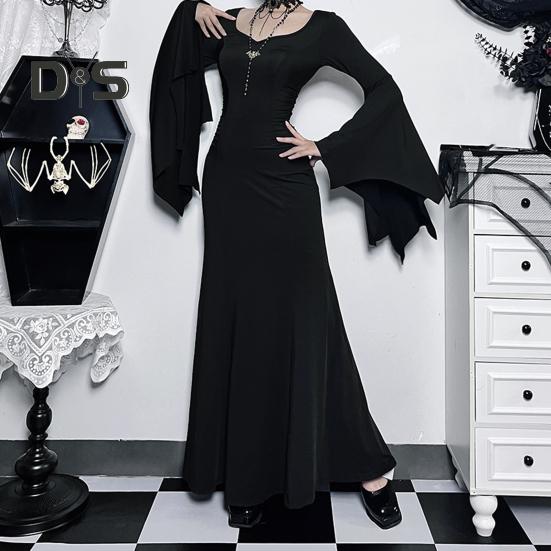 Женское платье на Хэллоуин с подолом «рыбий хвост» Slim Fit Нерегулярные манжеты с рюшами и рукавами «летучая мышь» Готическое платье с круглым вырезом Сплошной цвет Косплей Производительность Макси-платье