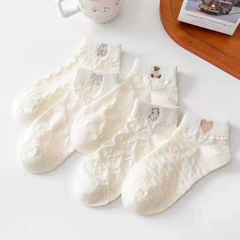 5 Pairs Bear Women Socks Female Hollow Socks Spring and Summer Korean Girls Japanese Cute Ins Tide White Girls Socks