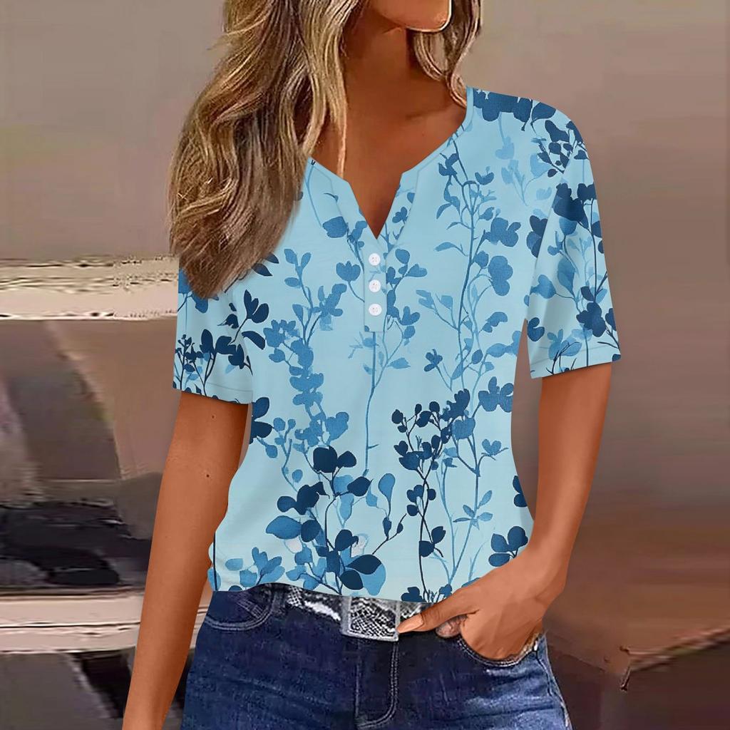 Женская мода повседневная винтажная цветочная печать V-образный вырез короткий рукав декоративная пуговица футболка топы