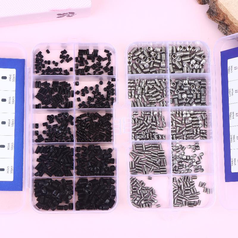 500 шт. M2.5 M3 M4 DIN913 Нержавеющая сталь 304 Черный Шестигранный Гексагон Socket Allen Плоский Конец Установочный Винт Набор Винтов Коробка