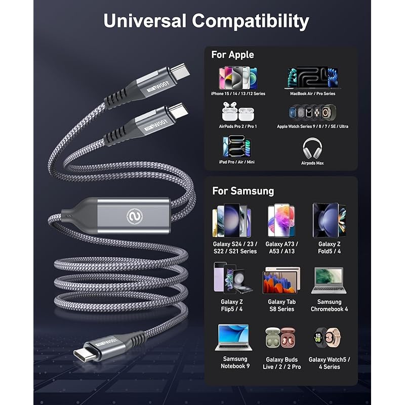 USB Type C Cable [1.3M/1 Set 2-in-1 PD 100W ]sweguard To Cable Fast Charging 2.0 Cable Forked Charging 2 Devices At the Same Time iPhone16/iPhone15