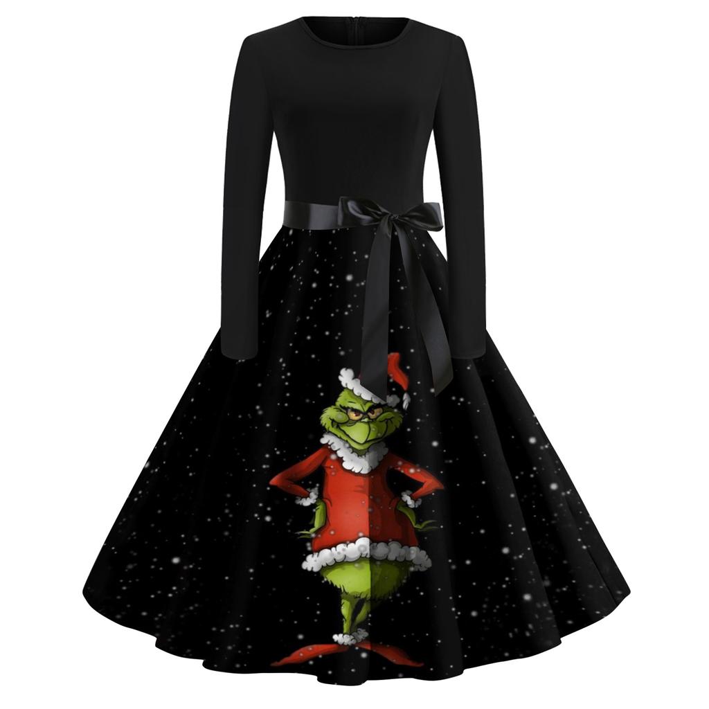 Женское модное повседневное платье с круглым вырезом и рождественским принтом и длинными рукавами