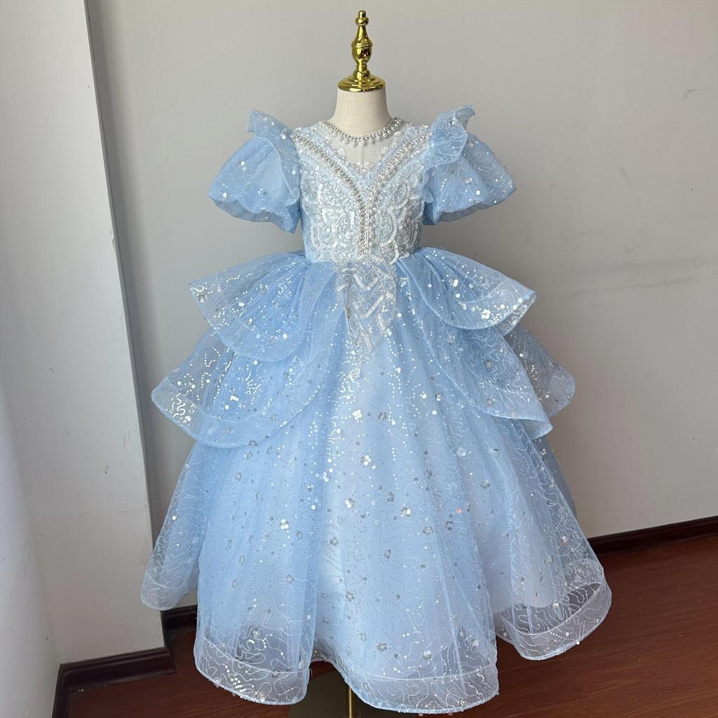 2025 Baby Girl Princess Dress Sequin Party Dresses for Children Puff Sleeves Clothing Classy Flower Girls Costume for Wedding