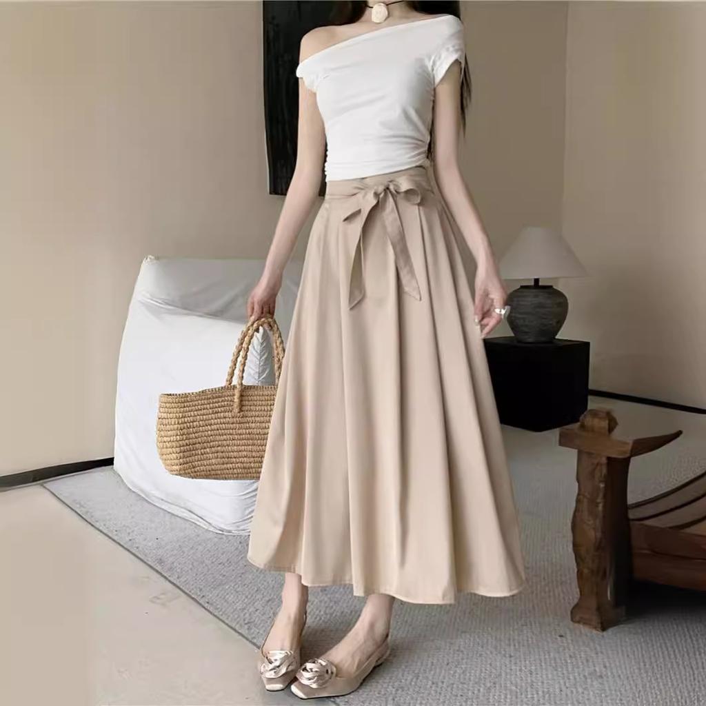 DX~~New Design Feeling Bow Tie Satin Pleated Skirt, Spring and Summer High Waisted Slim A-line Skirt