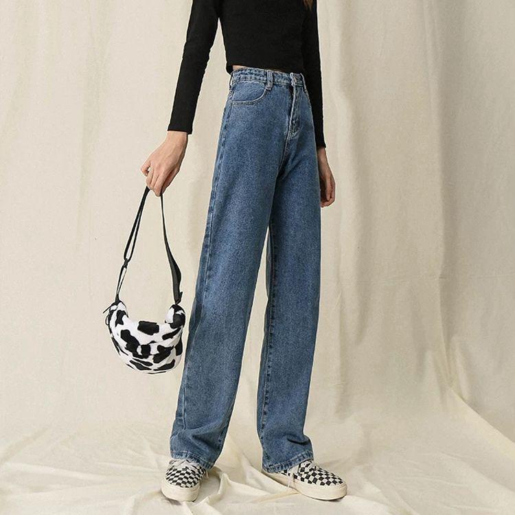 Женские джинсы прямого покроя с высокой талией и широкими штанинами 2021 года — свободный, облегающий крой с драпировкой