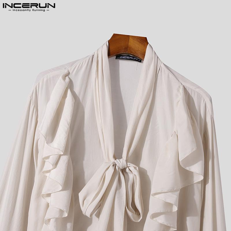 INCERUN Мужские рубашки с длинным рукавом и оборками, завязывающиеся на резинке, прозрачные многослойные топы с воланами