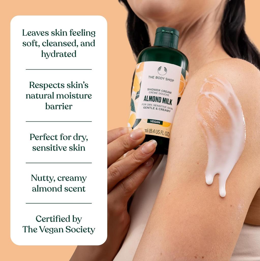 The Body Shop Almond Milk Shower Cream 250 ml For Dry Sensitive Skin Gentle Cleanse Soft Comfort Vegan Care