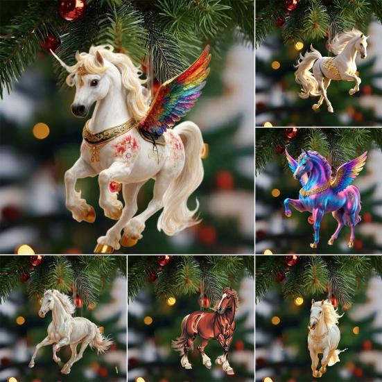 Horse Ornament Acrylic 2D Flat Realistic Flying Horse Christmas Tree Pendant with Sparkling Rhinestone Home Decor