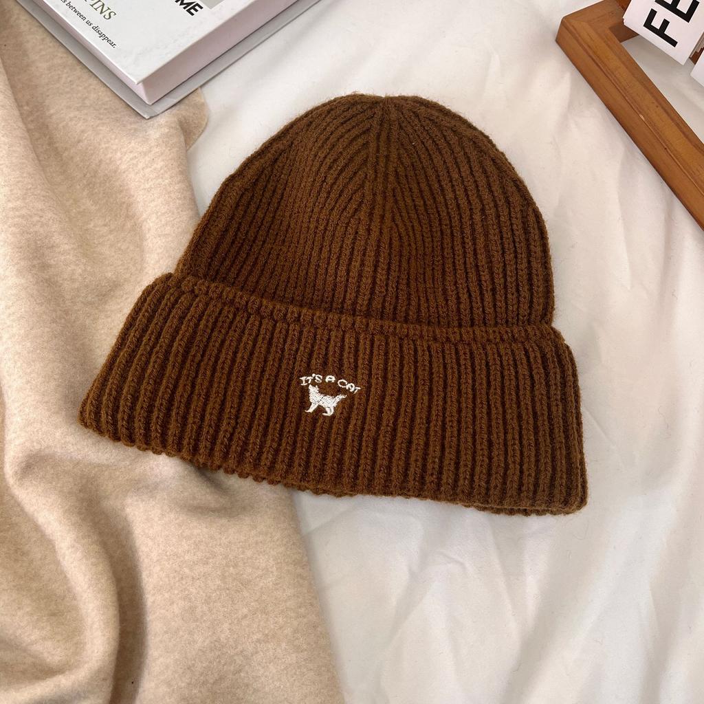 Шапка женская осенне-зимняя универсальная вышитая шапка с изображением котенка большая голова маленькая вязаная шапка модная теплая шерстяная холодная шапка