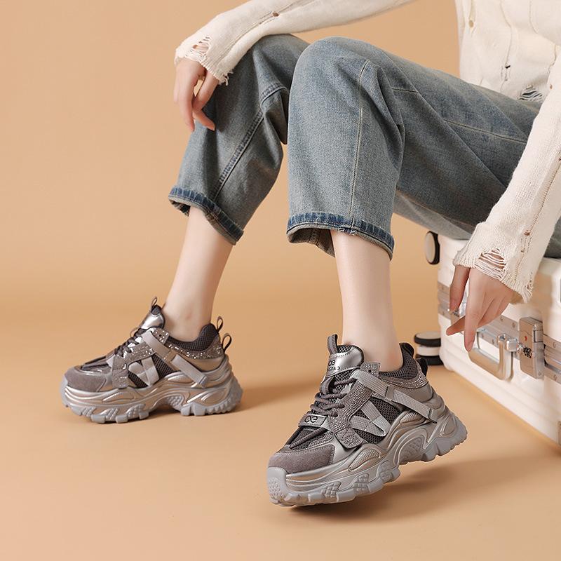 Spring and Autumn Mesh Breathable Thick-soled Trendy Dad Shoes New Fashionable Thick-soled 6cm Women's Casual Sports Shoes