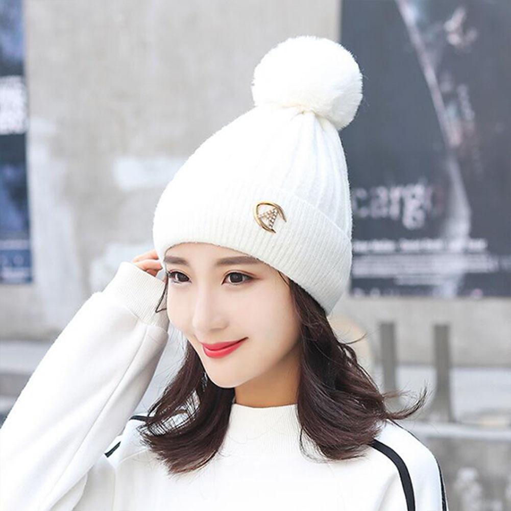Winter Lady Fashion Thicken Beanie Knitting Wool Ball Solid Color Warm Hat Bonnet