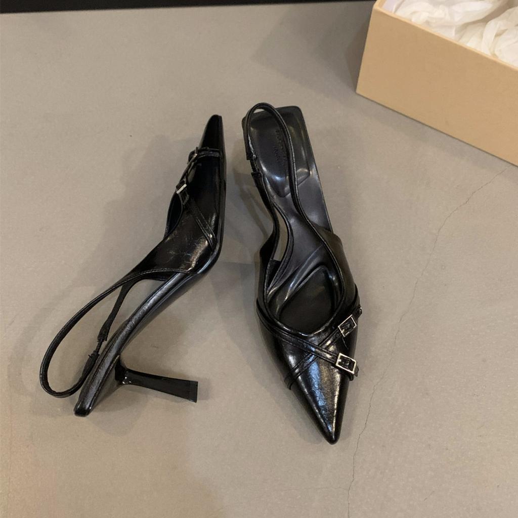 Нишевые французские черные туфли на высоком каблуке, сумка, сандалии с головкой, женская обувь 2025, новая летняя темпераментная обувь для светской львицы с острым носком, одинарные туфли