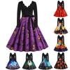 Women's Dresses Halloween Printed V-Neck Zip-Up Long Sleeve Dress Casual Vintage Cocktail Dress Party A-line Dress