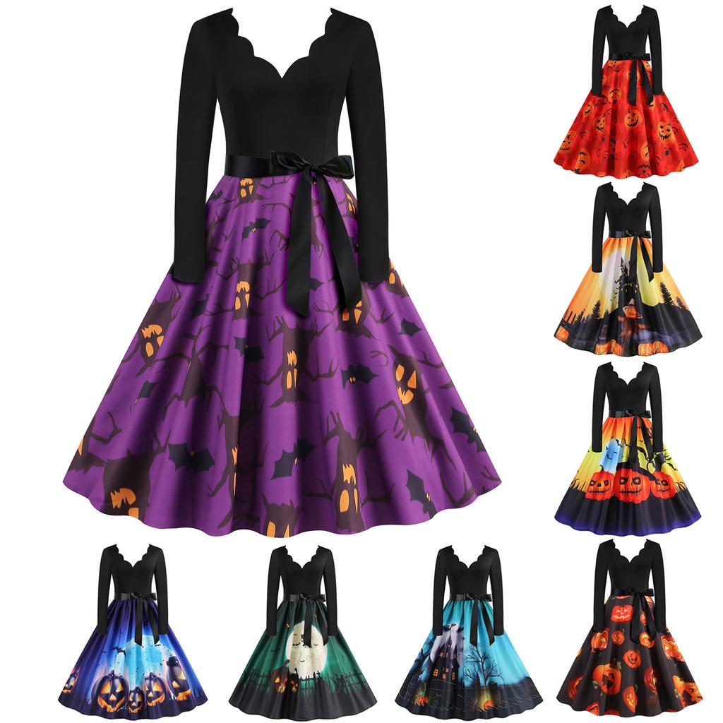 Women's Dresses Halloween Printed V-Neck Zip-Up Long Sleeve Dress Casual Vintage Cocktail Dress Party A-line Dress