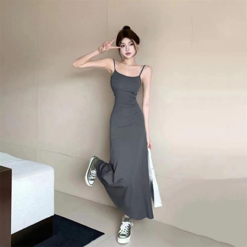 Spaghetti Strap Dresses Women Retro Sexy Slim Simple Daily Streetwear Midi Trendy Pure Summer Ladies Sleeveless