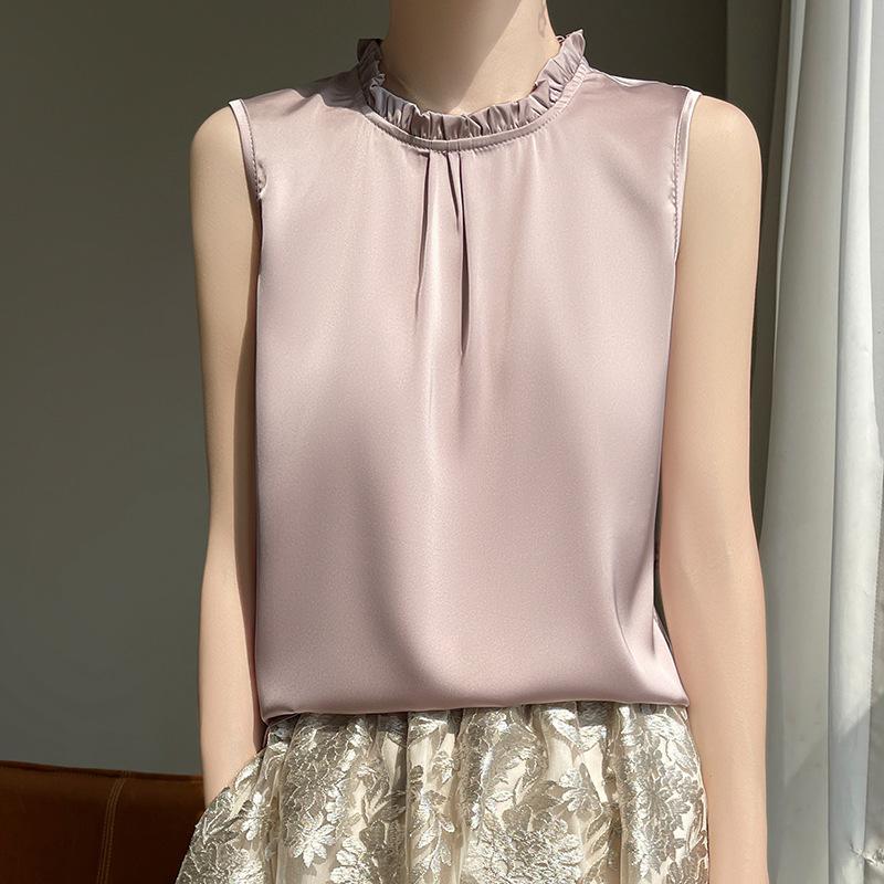 INDFS Women's Fashion Casual Summer Spring Solid Color Print Sleeveless Stand-Neck Blouses & Shirts