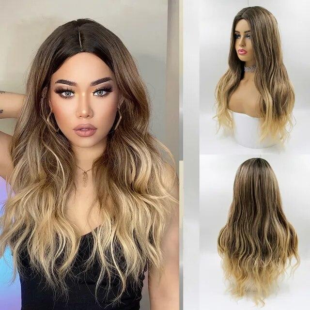 Длинные коричневые синтетические парики с эффектом омбре для женщин, волнистые парики из натуральных волос, средняя часть, женский парик, косплей, термостойкие волокна, парики