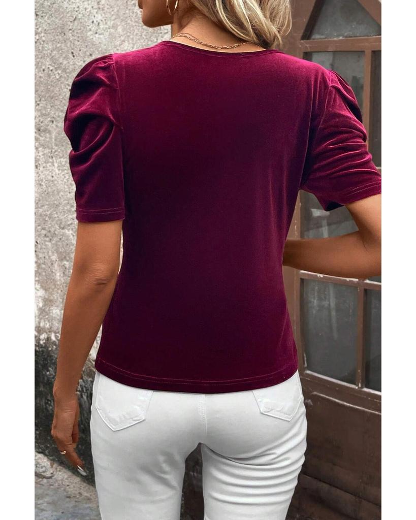 Azura Exchange Burgundy Short Puff Sleeve Velvet Top