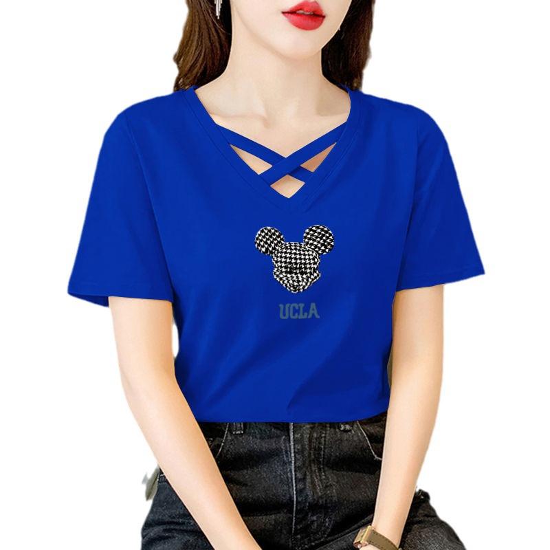 Женская футболка с коротким рукавом и V-образным вырезом с запахом из 100% чистого хлопка - Корейский повседневный летний модный тренд 2024