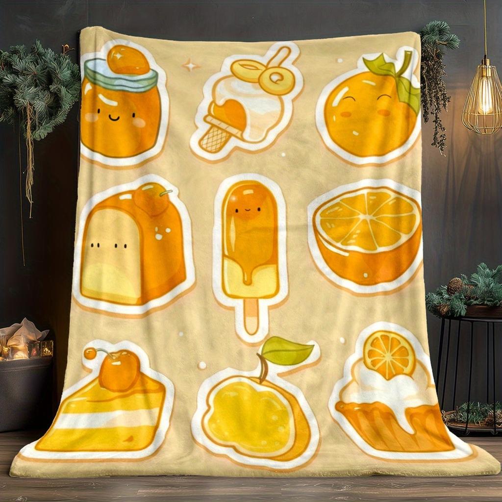 Orange Dessert Cartoon Flannel Blanket Cute Kawaii Orange Themed Snack Design Soft Plush Throw Blanket for Kids Room BeddingGift