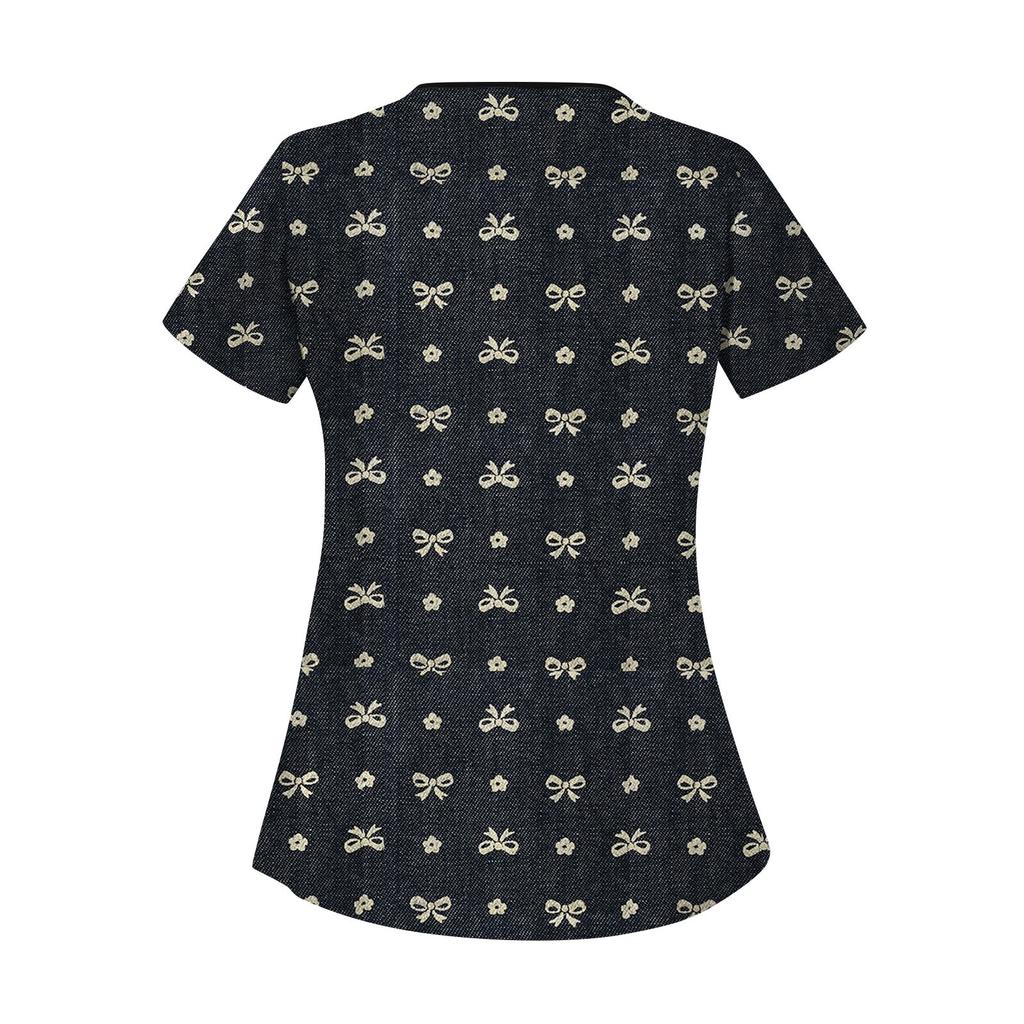 Женская мода с бантом и принтом, короткий рукав, рабочая одежда с двойными карманами