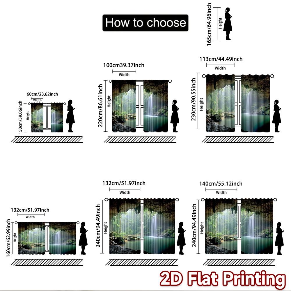 2D плоская печать 2 шт. Оконные занавески Пещера Водопад Лес Природа Цифровая печать Полиэстер Шторы Сезонные Вечеринка и Праздник
