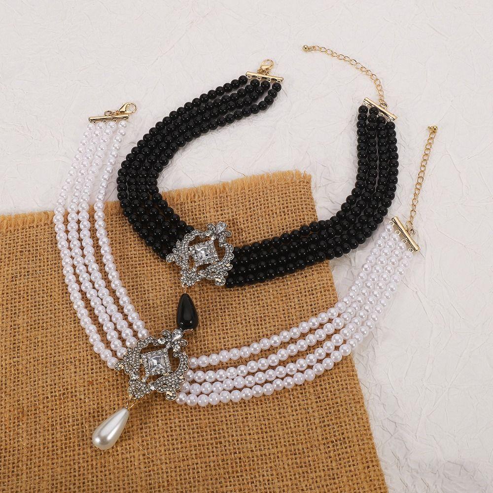 Korean Style Pearl Collar Choker Rhinestone Four-layer Necklace Temperament Women