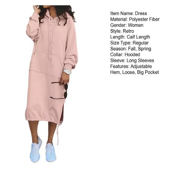 Платье Yousheng Women Fall Spring Dress с регулируемым подолом, завязками на шнурке, капюшоном, разрезом, накладным карманом, свободное однотонное платье миди с длинными рукавами, плотное платье