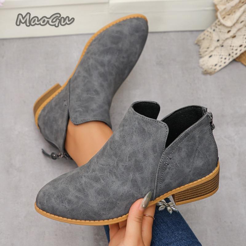 Модные размеры 36-43 Женские ботильоны на среднем каблуке Короткая молния сзади Острый носок Кожаная обувь для женщин Осенняя обувь Botines Para Mujeres