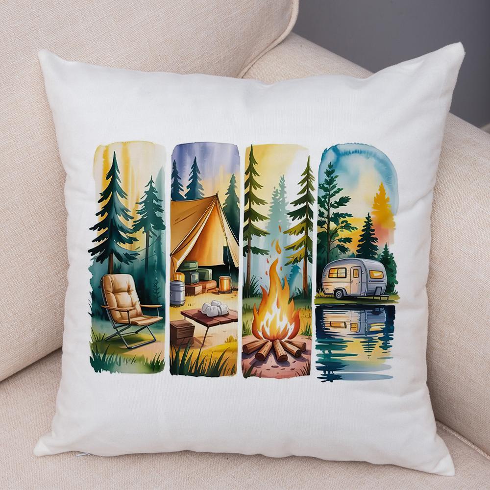 Woodland Campsite Cushion Cover Double Print Bonfire Scene Pillowcase Soft Plush Lake Sunset Cushion Cover for Sofa Home Car