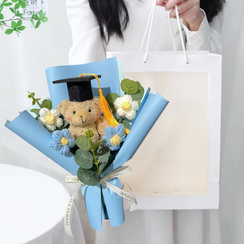 1Pc Party Decor DIY Plush Toy Mini Graduation Bouquet Student Gift Little Bear Knitted Sunflower Crochet Flower