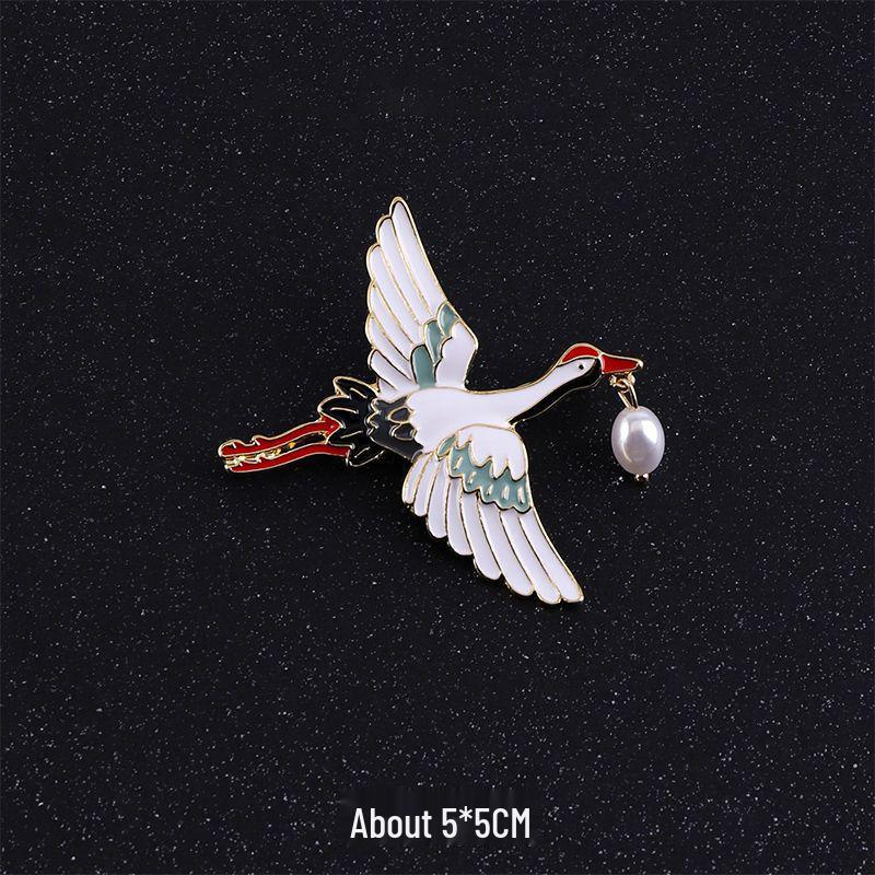 Women's Chinese Style Crane Enamel Brooch Pin for Hanfu Clothing