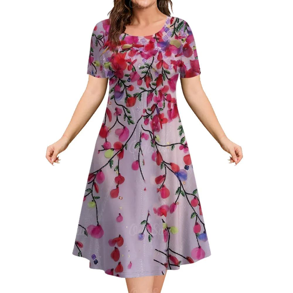 Летнее женское свободное платье с цветочным принтом, модное платье выше колена с короткими рукавами, платье с круглым вырезом, женское повседневное платье