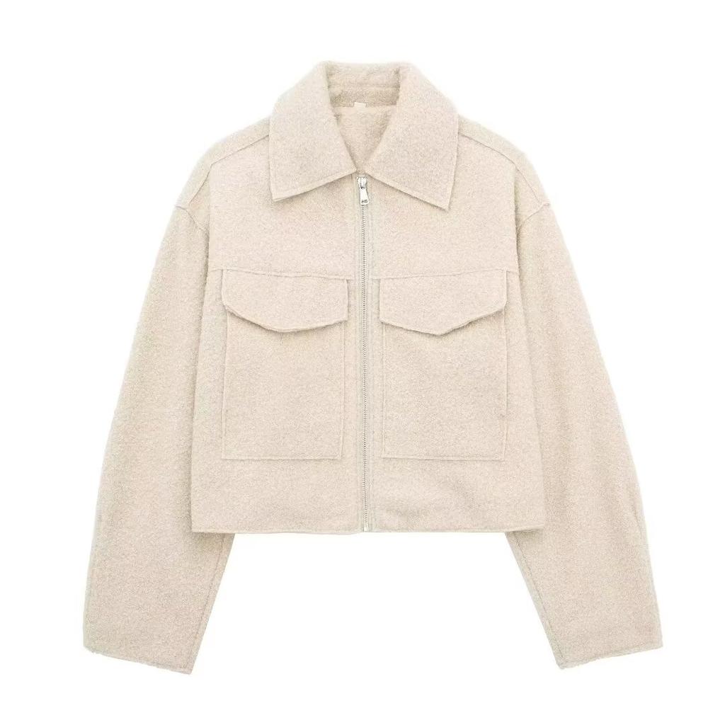 Vintage Women Solid Tweed Cropped Jacket with Pockets Long Sleeves Lapel Cardigan Coat Female Street Outerwear