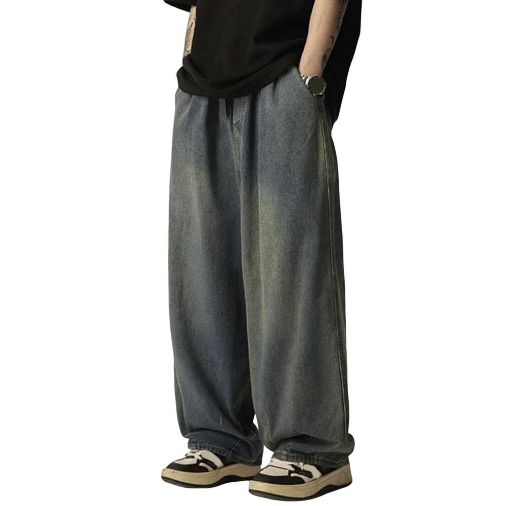 Men Jeans Elastic Waist Drawstring Wide-Leg Jeans Street Style Distressed Design Draped Denim Trousers