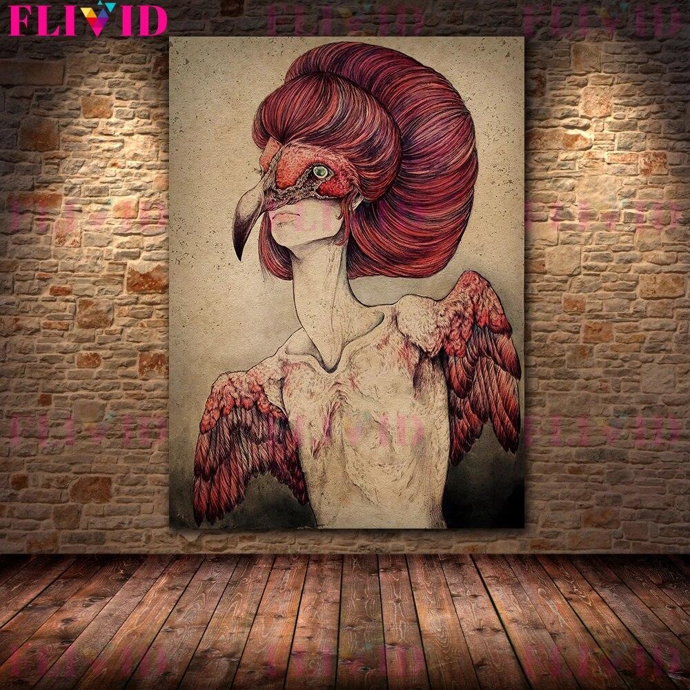Абстрактное искусство постер с птицами, животными и девочками, ретро-сюрреалистический женский настенный художественный холст, принт для декора гостиной, без рамы, без рамки