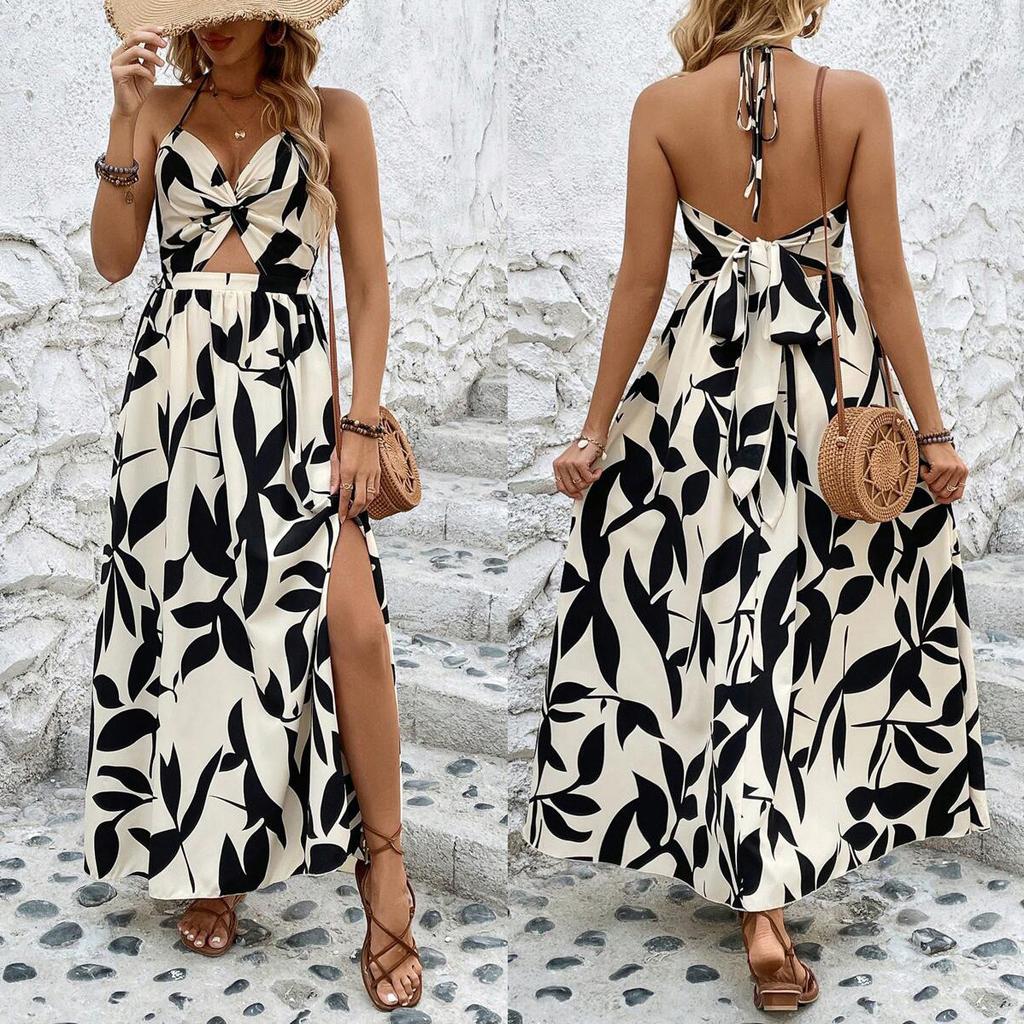 New Border Hollow Out Ruched Halter Print Dress Elegant Romantic Style