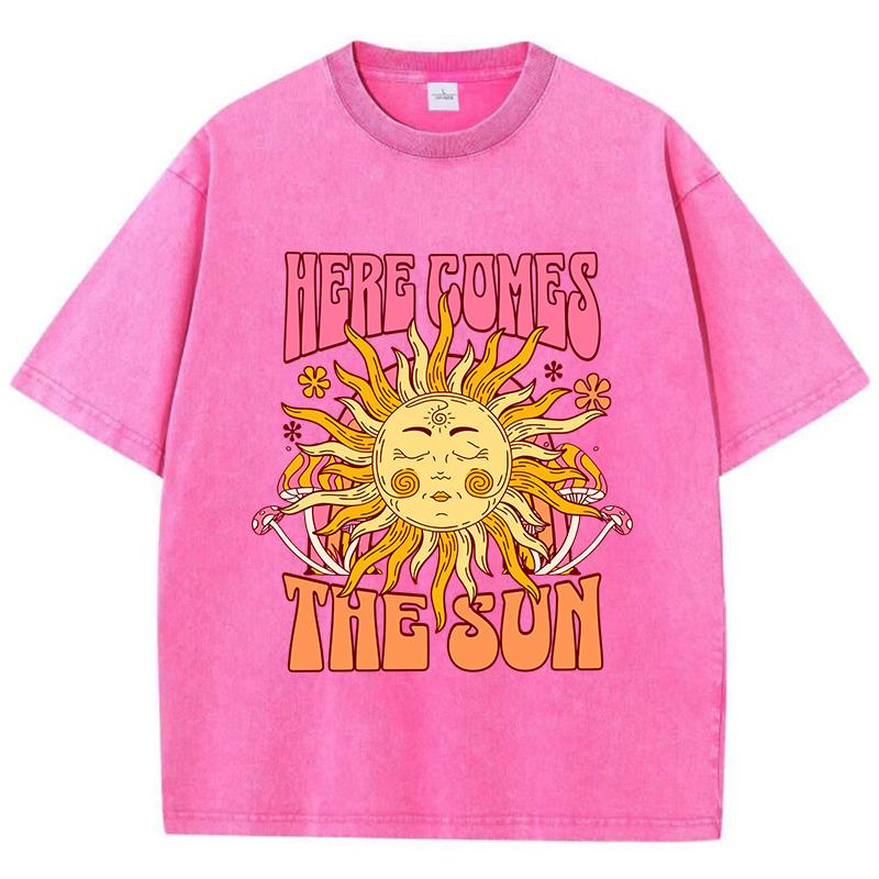Женские футболки с кислотной стиркой Here Comes The Sun Printing Tees Distressed Oversize Cotton Short Sleeve Trend Female Clothing