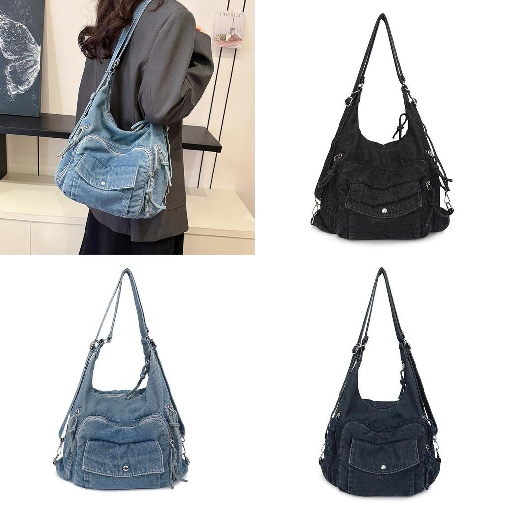 Minimalist Large Capacity Denim Bag With Multiple Pockets For Daily
