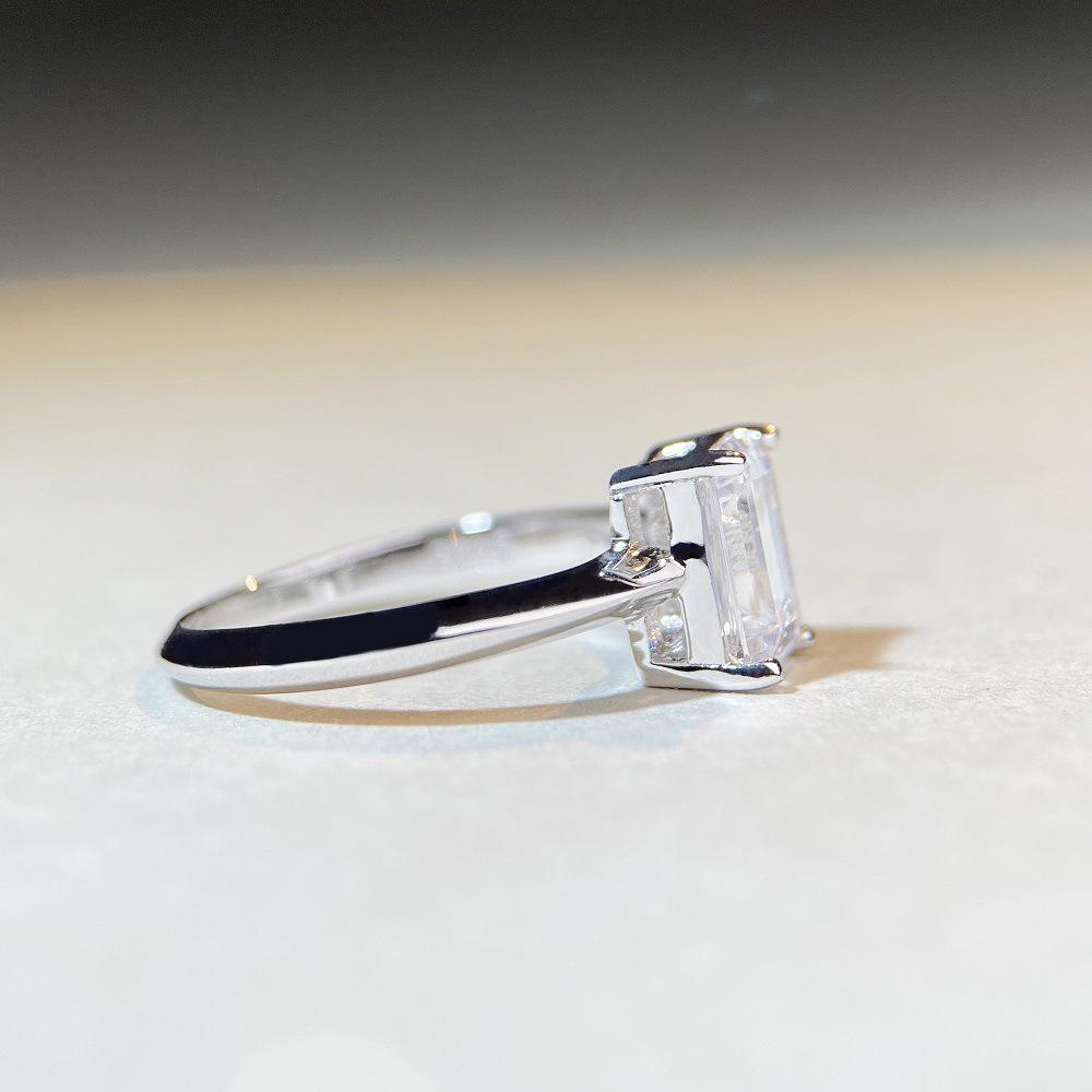 Emerald Cut Moissanite Ring, 2 Carat D Color, 925 Silver Four-Claw Setting.