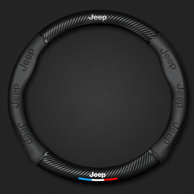 Car Napa Leather Carbon Fiber Texture Steering Wheel Cover For Jeep Grand Cherokee Wrangler Gladiator Compass Renegade Keychain