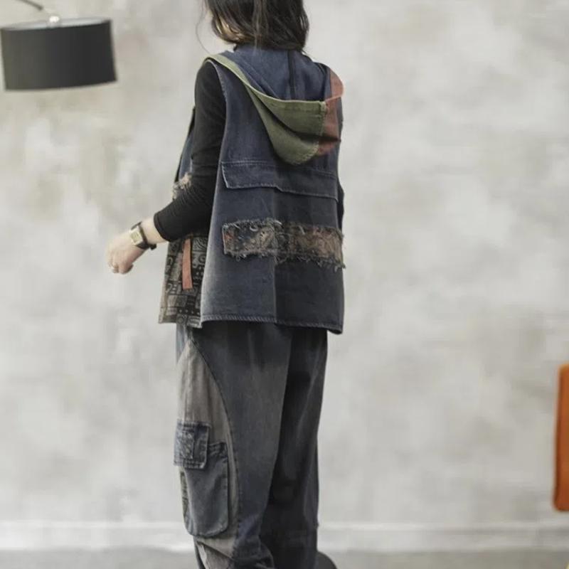 Джинсовый жилет с капюшоном, женский, весна-осень, свободный, литературный, ретро, с молнией, двойной карман, стираный жилет