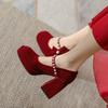 Fashion French Suede Pearl Bow High Heels for Women, Thick Heels for Spring /Autumn, New Red Square Toe Shallow Mouth Mary Jane Shoes