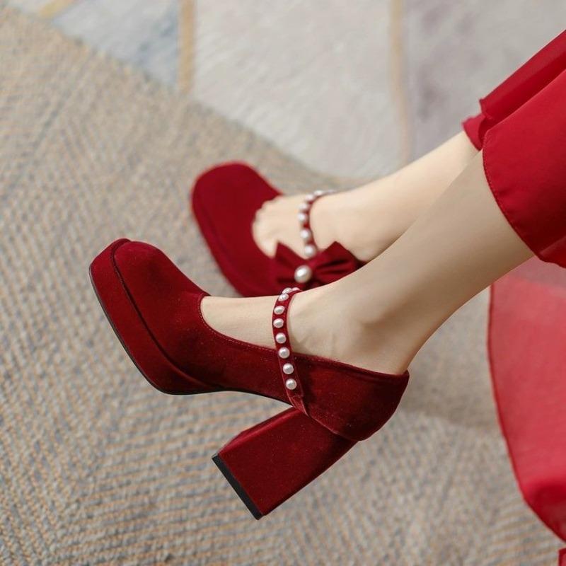 Fashion French Suede Pearl Bow High Heels for Women, Thick Heels for Spring /Autumn, New Red Square Toe Shallow Mouth Mary Jane Shoes