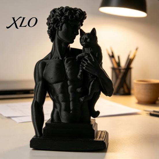 Matte Black Home Accents 3D Printed David Statue with Cat, European Classic Art Sculpture Figurine Handcrafted Gift for Office Decor, Modern