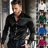 Men's Satin Glossy Shirt Solid Color Long Sleeve Smooth Dress Shirt Lapel
