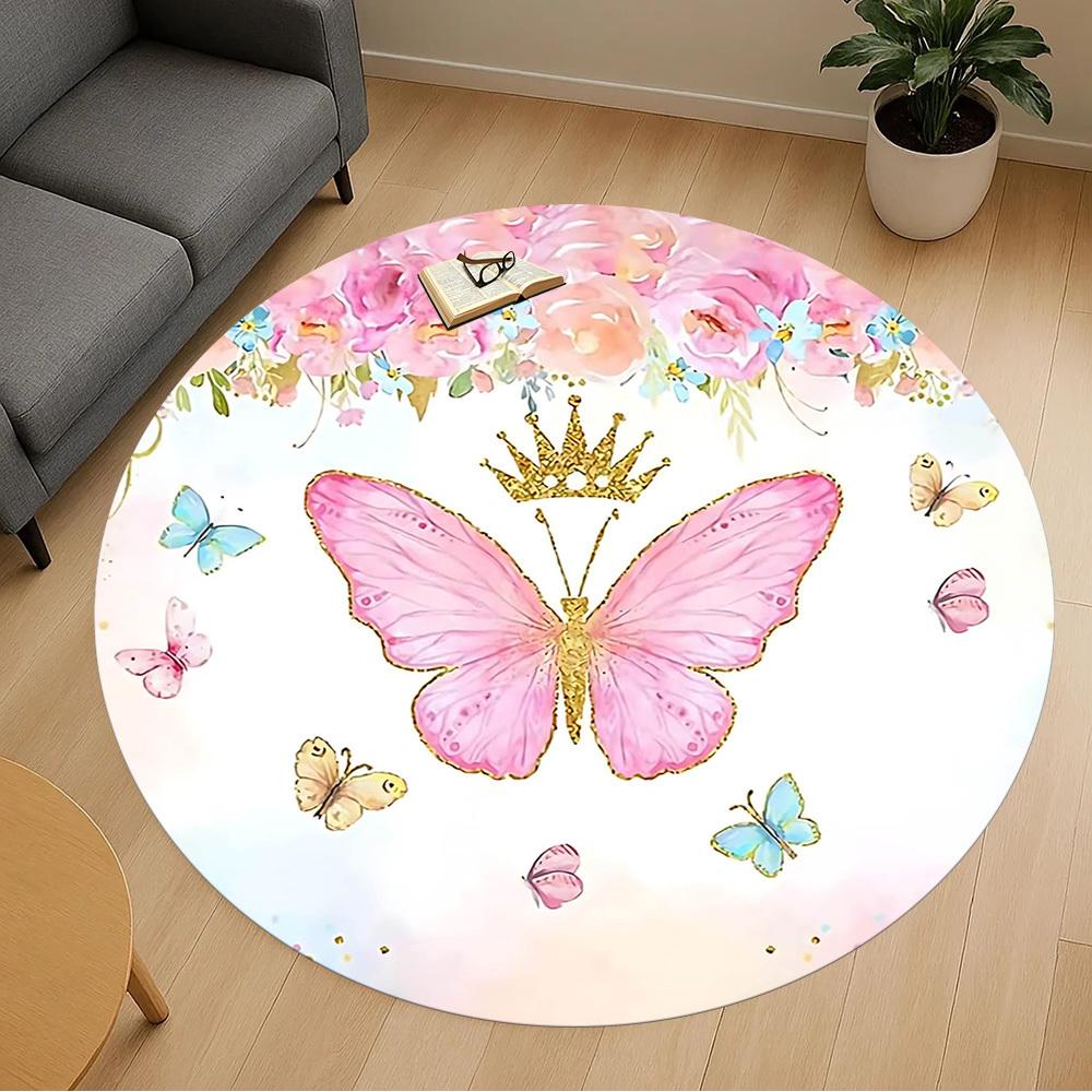 1pc Butterfly Crown Round Chair mat Area Rug - Non-Slip, Floor Mat for Office, Bedroom, and Indoor Decor -1002266