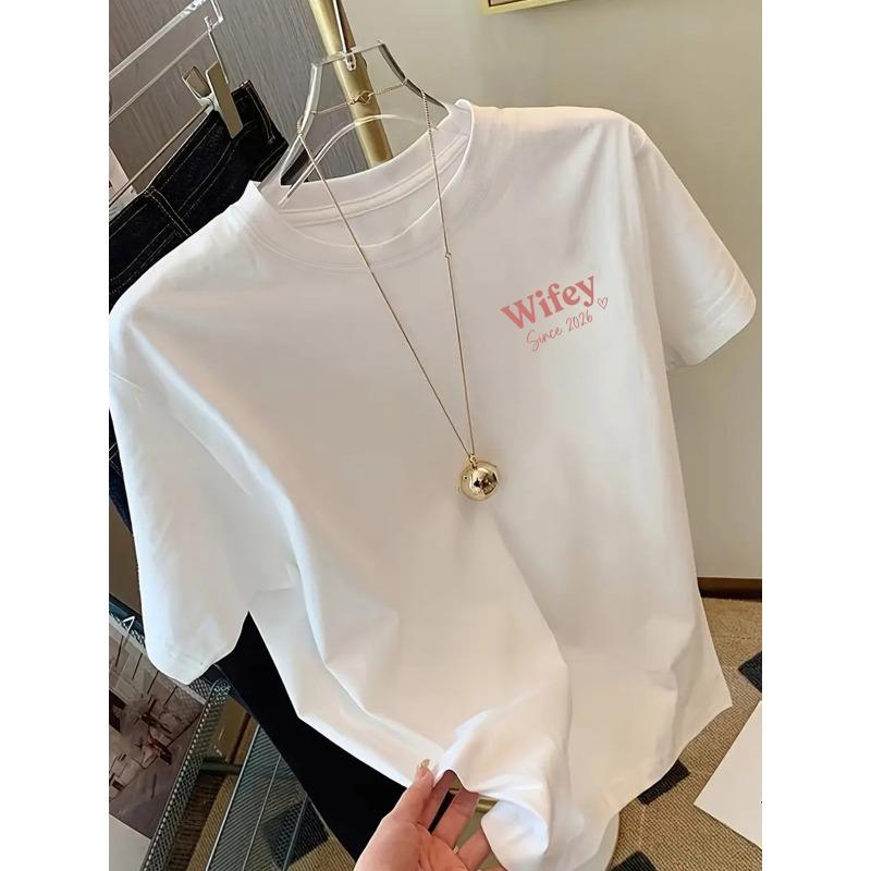 Wifey, Since 2026 Print Tshirt Short Sleeve Crew Neck Casual Top for Summer Spring, Women's Clothing