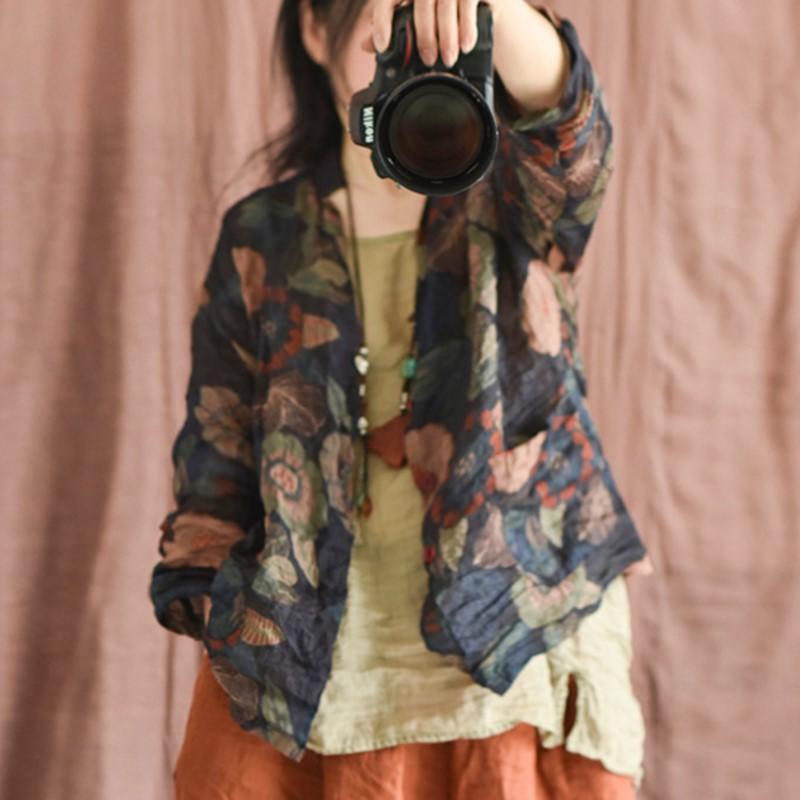 Johnature Женские винтажные рубашки с цветочным принтом Ramie, весенние топы с v-образным вырезом и длинными рукавами, карманы на пуговицах, женские рубашки